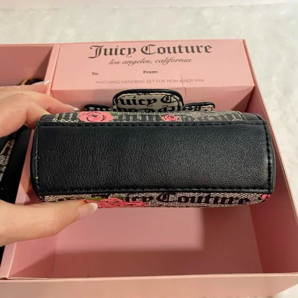 Juicy Couture Black Beige Logo Rose Print Mommy & Me Mini Crossbody Bags NWT - Picture 5 of 7